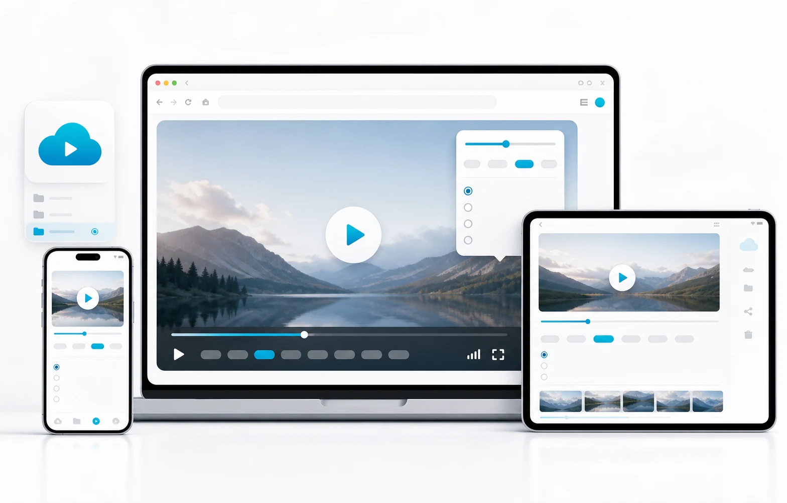 Cloud video player interface shown across desktop, tablet, and mobile screens
